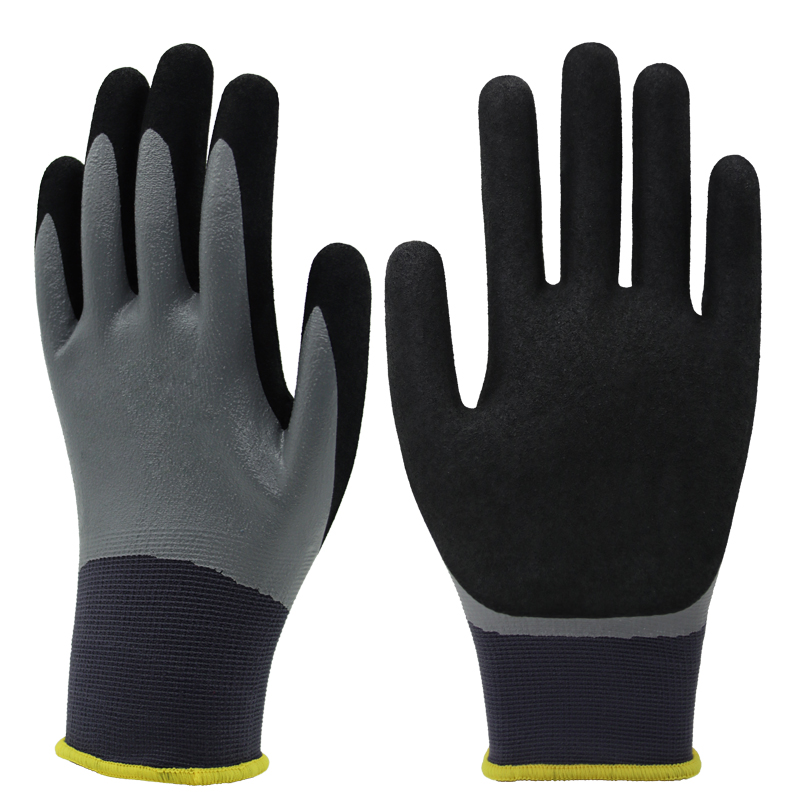 13g polyester liner, fully coated smooth nitrile first, palm coated sandy nitrile finished (2)