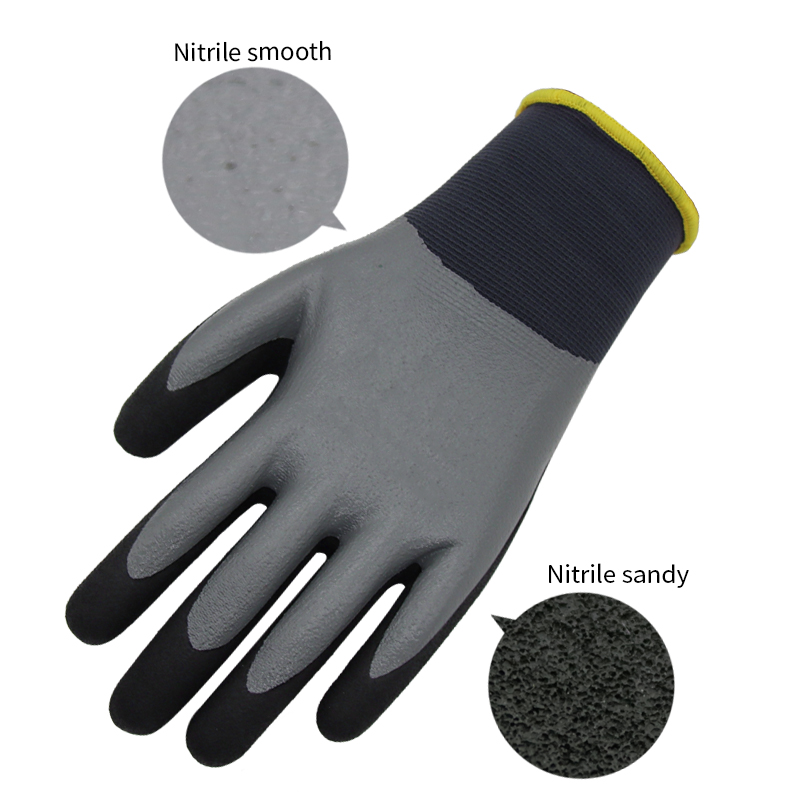 13g polyester liner, fully coated smooth nitrile first, palm coated sandy nitrile finished (5)