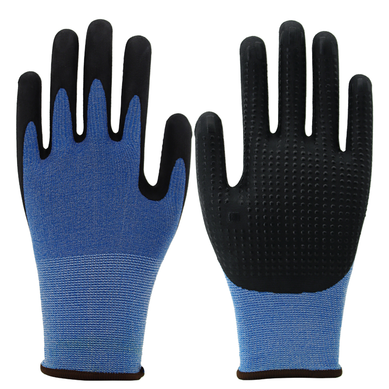 15g nylon&spandex liner, palm coated black foam nitrile, dots on palm (1)