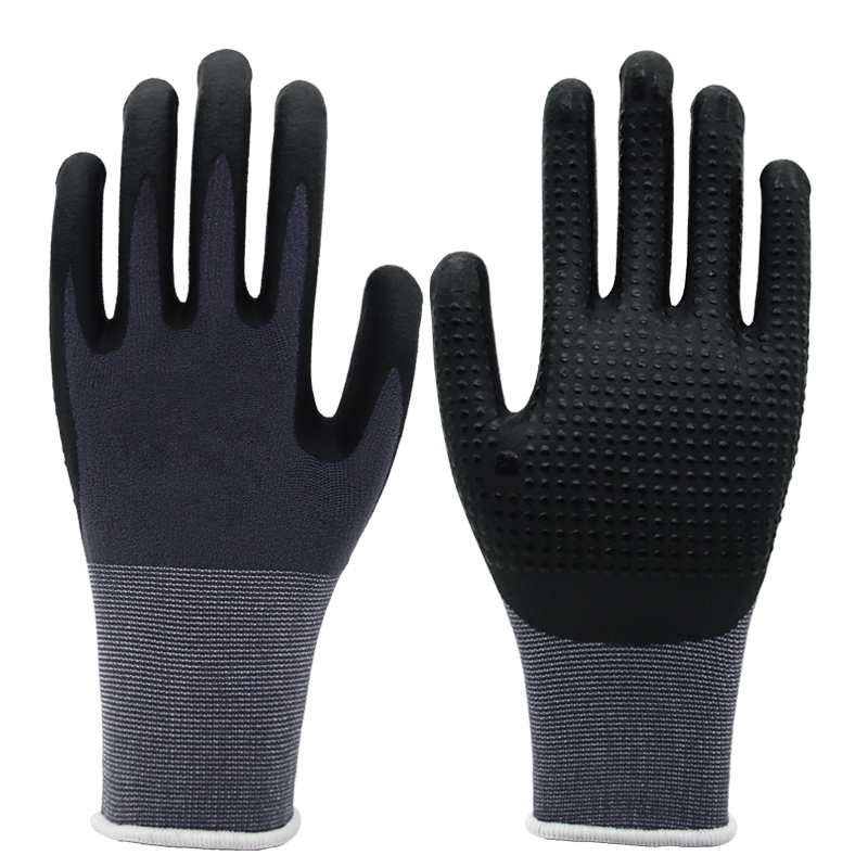 15g nylon&spandex liner, palm coated black foam nitrile, dots on palm (1)