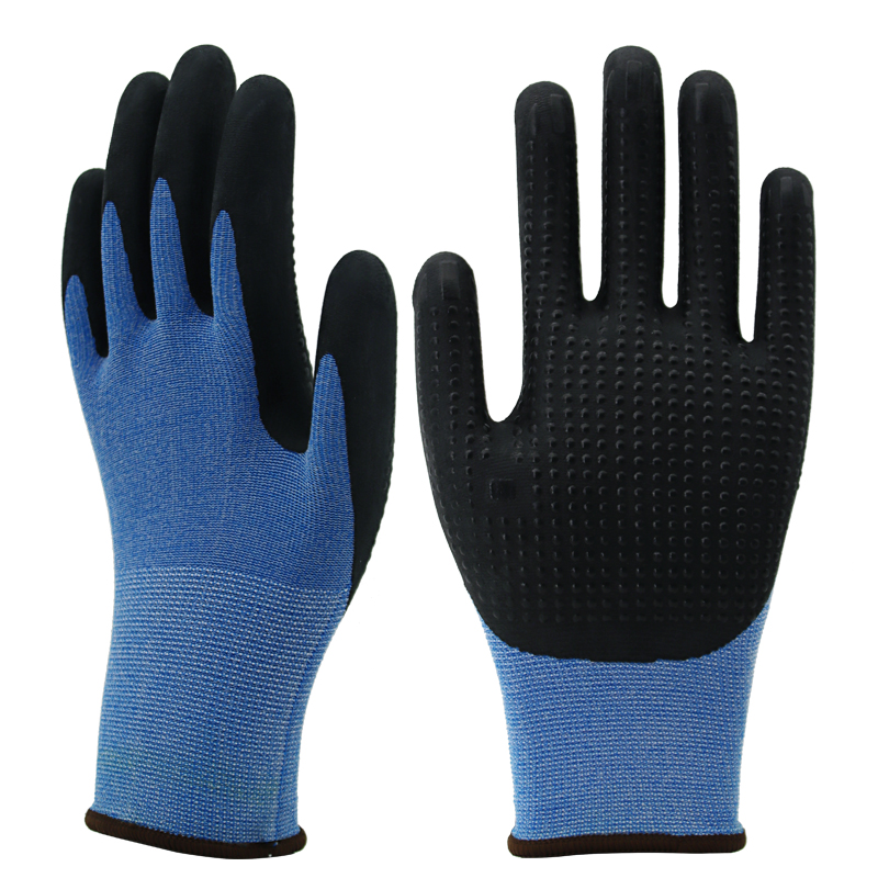 15g nylon&spandex liner, palm coated black foam nitrile, dots on palm (2)